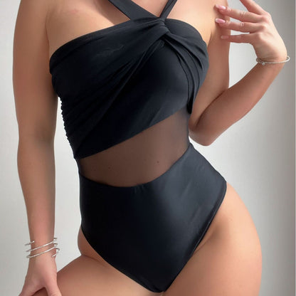 Solid Color Irregular Asymmetric Shoulder Strap Net Stitching One Piece Swimsuit