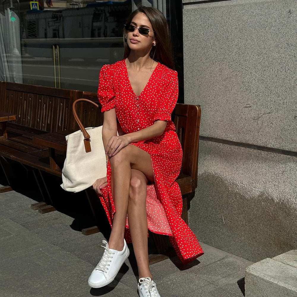 Polka Dot Dress Summer V Neck Tight Waist Slit Mid Length Red Short Sleeve Dress