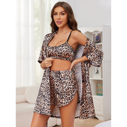 Pajamas Women Summer Silk Ice Leopard Robe Underwear Shorts Three Piece Home Wear Pajamas