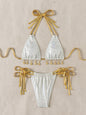 Split Bronzing Swimsuit Halter Strap Shell Jewelry Embellished Women Bikini Sexy Beachwear
