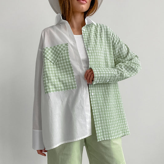 Casual All Matching Shirt Summer Office Contrast Color Check Simple Collared Shirt Sleeve Shirt Women Clothing