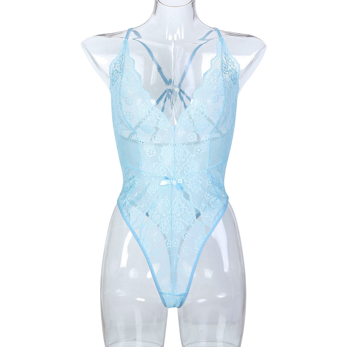 Light Blue French Thin Lace Underwear Sexy V neck Halter Back Hollow Out Cutout Sexy See through Jumpsuit