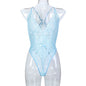 Light Blue French Thin Lace Underwear Sexy V neck Halter Back Hollow Out Cutout Sexy See through Jumpsuit