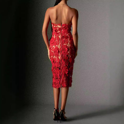 Women Sexy Summer Tube Top Lace Cocktail Women Mid Length Evening Dress