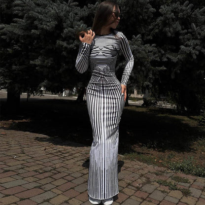 Fall Women Clothing round Neck Long Sleeve Slim Fit Figure Flattering 3D Striped Printed Sheath Dress Women