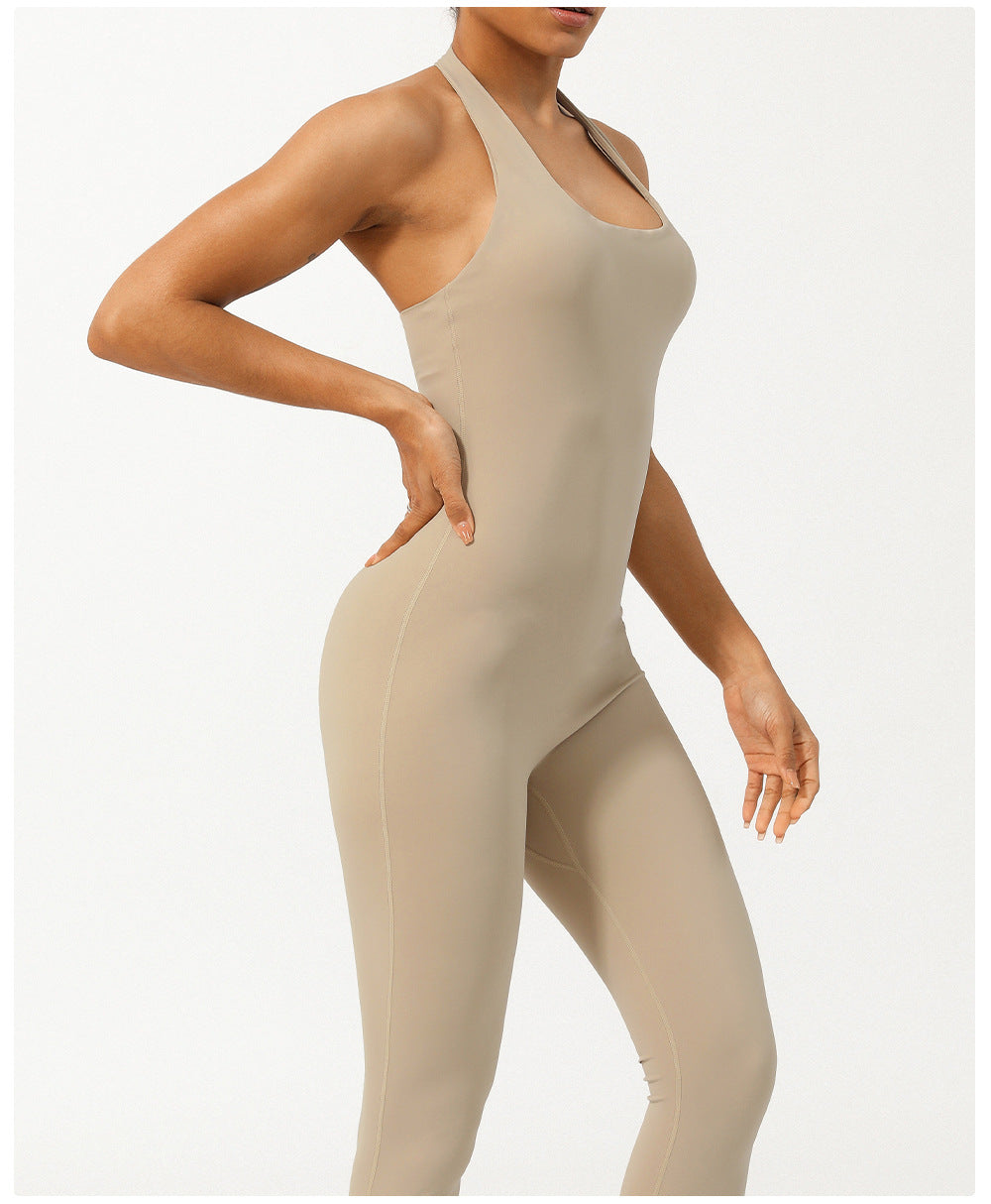 Summer Halter Low Collar Tight Waist Yoga Jumpsuit Body Shaping Non-Stitching Hip Lifting Jumpsuit with Chest Pad