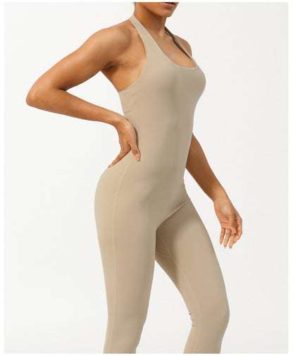 Summer Halter Low Collar Tight Waist Yoga Jumpsuit Body Shaping Non-Stitching Hip Lifting Jumpsuit with Chest Pad