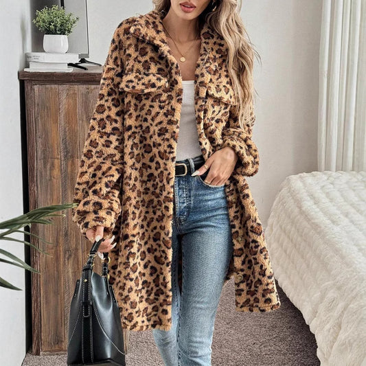 Leopard Print Double Sided Plush Casual Cardigan Mid Length Coat Women