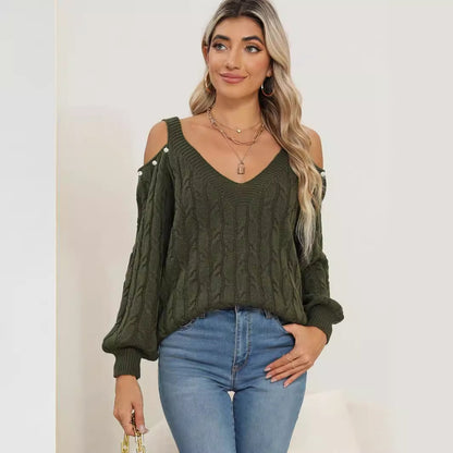 Woven Bottoming Shirt Women Clothing Autumn Winter Deep V Plunge Sexy off Shoulder Loose Pullover Sweater Top Women