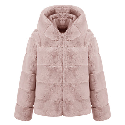 Short Solid Color Loose Horizontal Hooded Coat Faux Fur Autumn Winter Warm Coat
