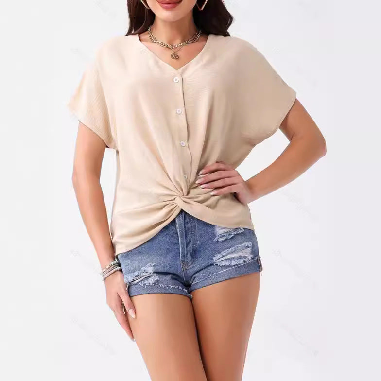 Summer Arrival Women Wear Irregular Asymmetric Hem Button Short Sleeve T shirt