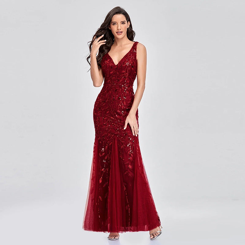 Evening Dress V neck Tulle Embroidered Sequ Sexy Mermaid Prom Dress Women Formal Dress