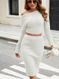 Knitted Suit Dress Autumn Winter Knitted Two Piece Mid Length Hip Skirt Striped Long Sleeve Sweater