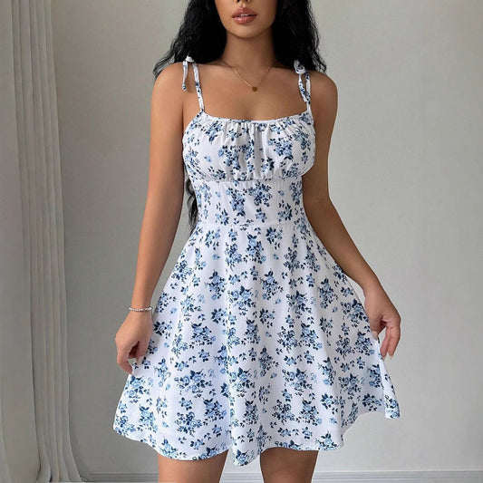 Spring Summer Women Clothing Popular Floral Strap Dress Waist Square Collar Mini Dress