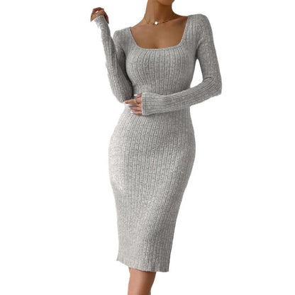 Autumn Winter Square Collar Long Sleeve Hem Slit Slimming Dress Women