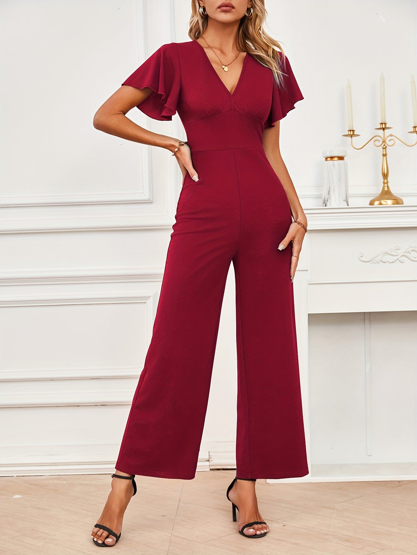 Ruffled Flying Sleeves Sleeveless Straight Leg Pants Women Stretch Knitted Wide Leg Jumpsuit Women High Grade Women Clothing