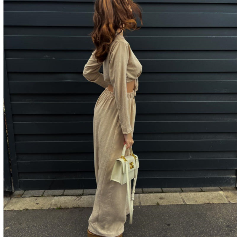 Women Clothing Solid Color Tied Short Long Sleeve Top Wide Leg Pants Two Piece Set