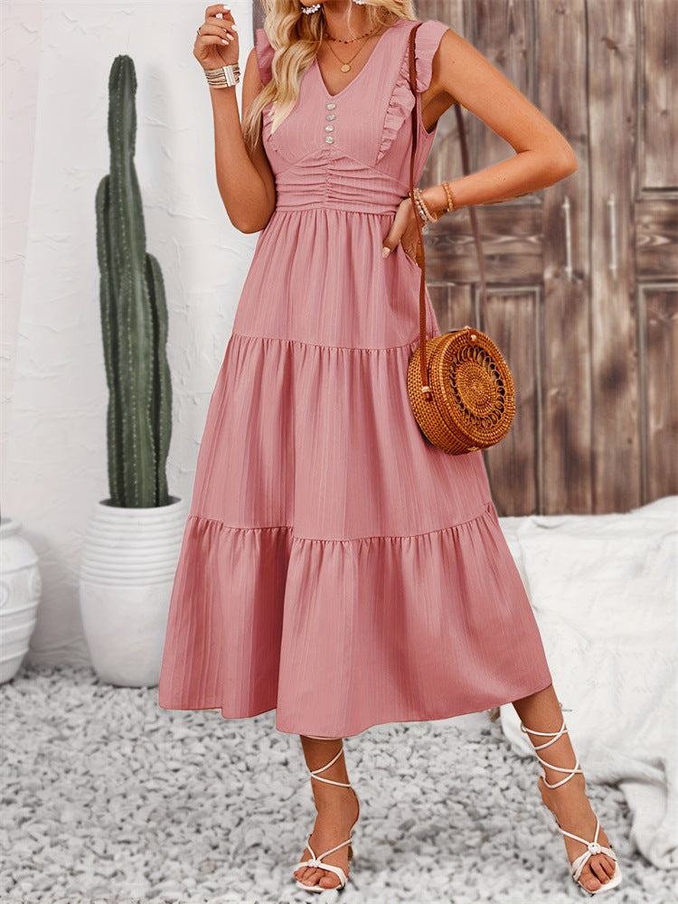 Ruffled Smocking Slim Fit Solid Color Jacquard Long Sleeveless Dress Spring Summer Women Dress Tiered Dress