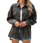 Autumn Winter Polo Collar Pocket Loose Long Sleeve Plaid Shirt Women