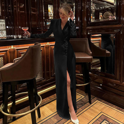 Spring Autumn Party Dress Women V neck Long Sleeve High Waist Split French Dress