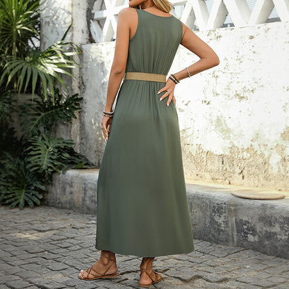 Summer Mid-Length Dress Split Solid Color Sleeveless round Neck Dress