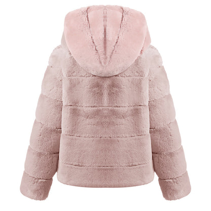 Short Solid Color Loose Horizontal Hooded Coat Faux Fur Autumn Winter Warm Coat