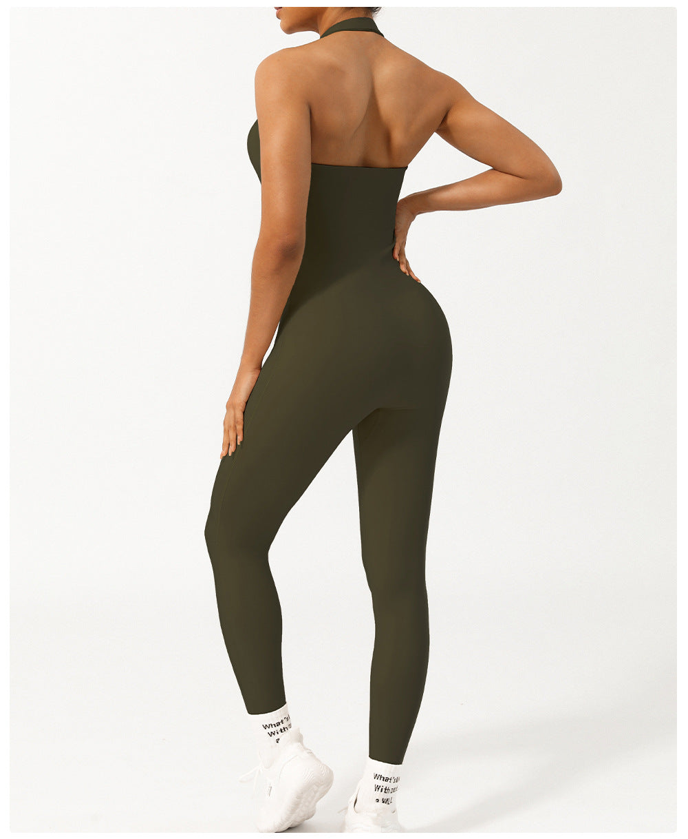 Summer Halter Low Collar Tight Waist Yoga Jumpsuit Body Shaping Non-Stitching Hip Lifting Jumpsuit with Chest Pad
