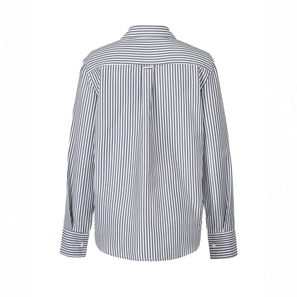 Spring Summer Casual Loose Pockets Striped Contrast Color Cardigan Women Clothes Top Shirt