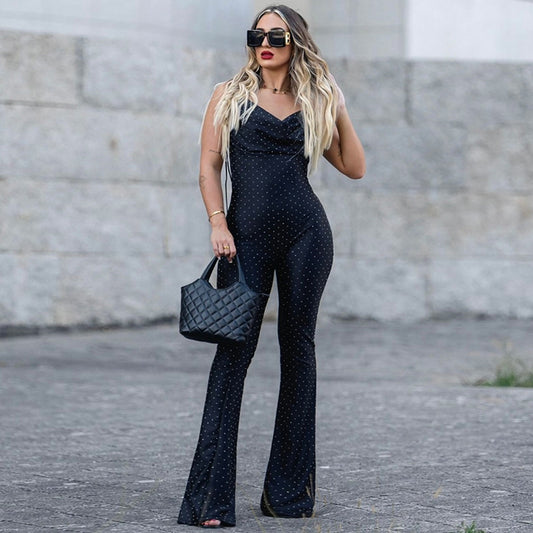 Women Clothing Rhinestone Sexy Siamese Trousers Elegant V neck Slim Fit Sheath Bell Bottom Pants Jumpsuit