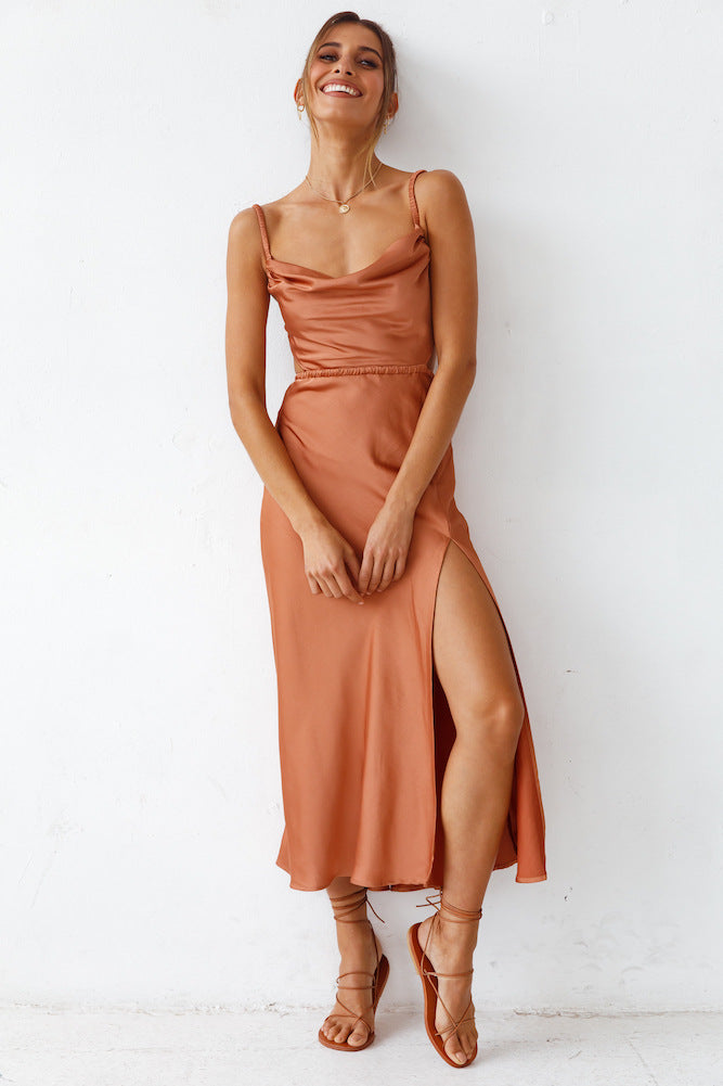 Summer New Backless Office Slit Hemline at Hem Double Strap Dress