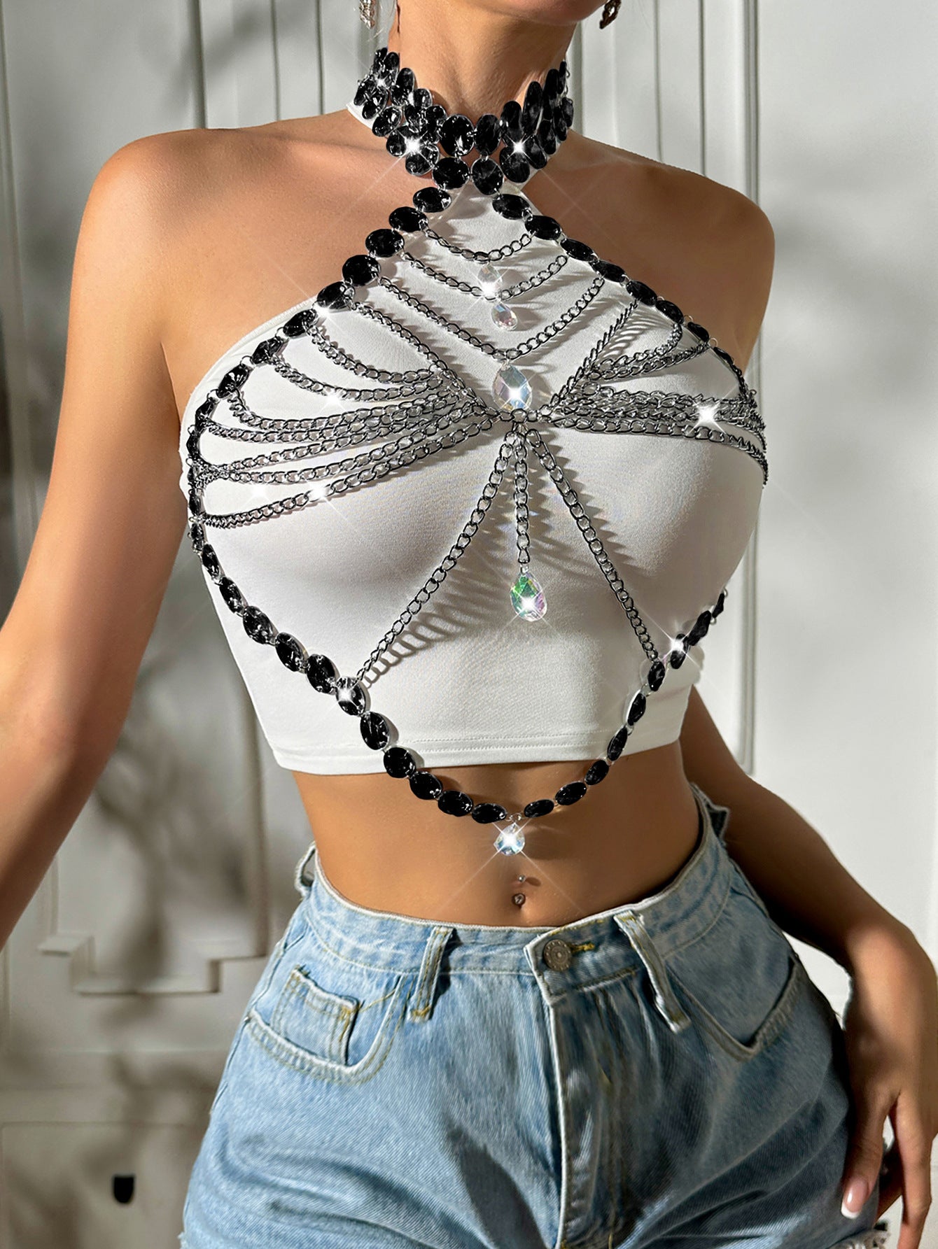 Ornament Sexy Acrylic Leather Multi Layer Chain Chest Necklace Women Metal Leather Bra Accessories Body Cha