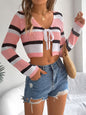 Summer Hollow Out Cutout Contrast Color Striped Lace Up Long Sleeves Cropped Knitted Cardigan Sun Protection Shirt Women Clothing