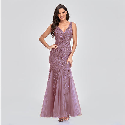 Evening Dress V neck Tulle Embroidered Sequ Sexy Mermaid Prom Dress Women Formal Dress