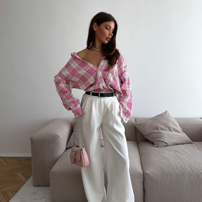 Pink Plaid Shirt Women Loose Shirt Detachable Long Sleeve Collared Outer Tops