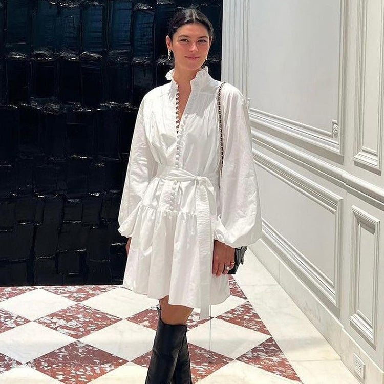 Cotton French Elegant Long Sleeve Dress Women Ruffle Collar Pleated Single Breasted Strap A line Dress