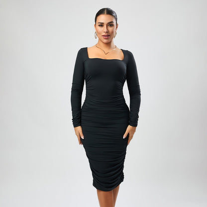 Sexy Stretch Solid Color Square Collar Ruffle Hip Slim Fit Mid Length Dress