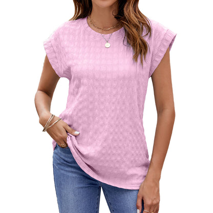 Spring Summer Solid Color Jacquard Loose Fitting round Neck Short Sleeve T shirt Top Women