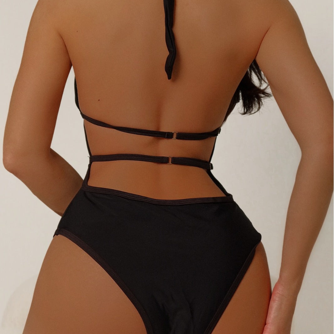 Sexy Black One Piece Swimsuit Women Transparent Backless Lace Up Swimsuit Tight Belt Chest Pad Bikini