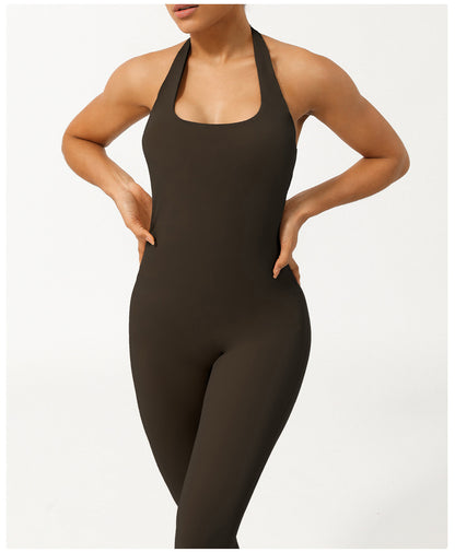 Summer Halter Low Collar Tight Waist Yoga Jumpsuit Body Shaping Non-Stitching Hip Lifting Jumpsuit with Chest Pad