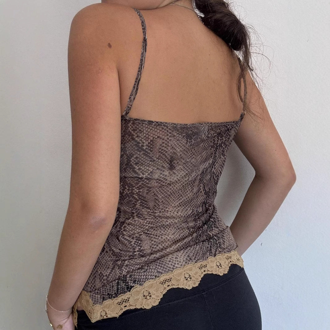 Vacation Sexy Lace Stitching Deep V Plunge neck Strap Small Vest Sexy Irregular Asymmetric Inner Wear Blouse