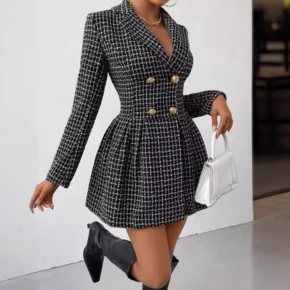 Women Clothing Winter Plaid Office V Neck Long Sleeve Dress Coat