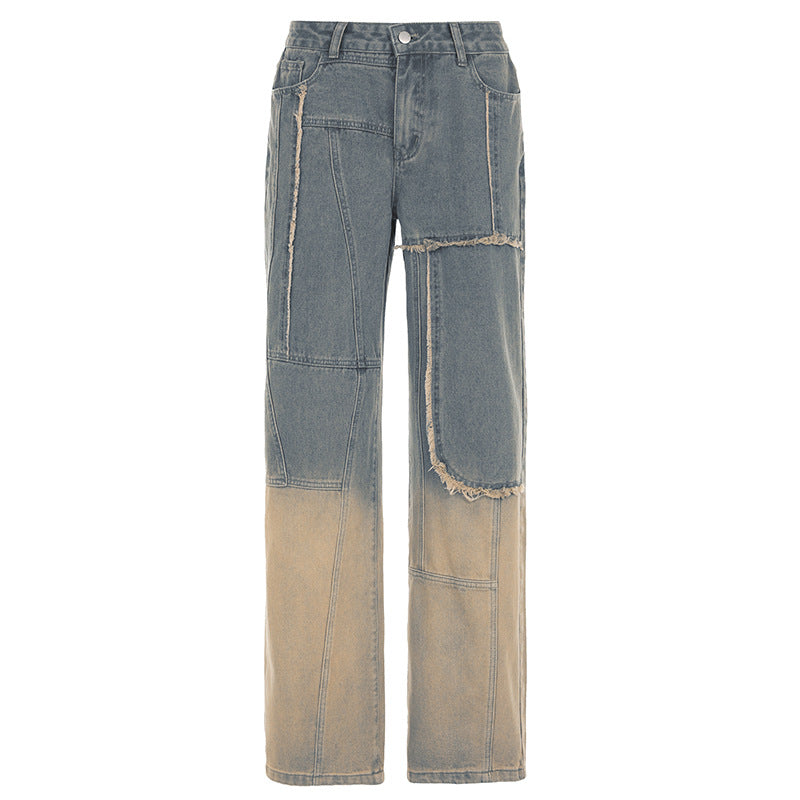 Personalized Street Gradient Frayed Washed Loose Jeans Autumn Winter High Waist Straight Casual Pants