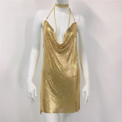 Metallic Coated Fabric Women Clothing Metal Sequ Dress Sexy Sweet Spicy Dress Rhinestone Cami Dress Women