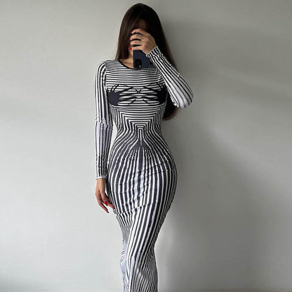Fall Women Clothing round Neck Long Sleeve Slim Fit Figure Flattering 3D Striped Printed Sheath Dress Women