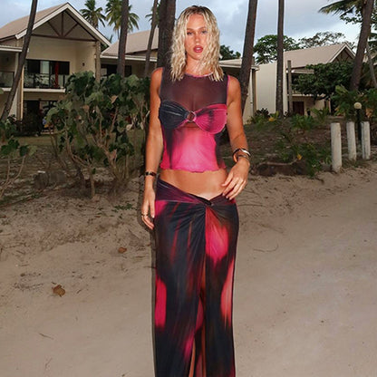Women Clothing Summer Sleeveless Vest Printed Mesh Split Skirt Vacation Casual Set