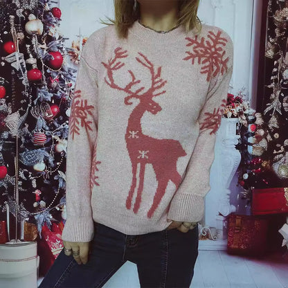 Autumn Winter round Neck Long Sleeved Christmas Sweater Snowflake Deer Jacquard Knitted Pullover