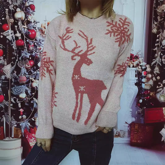 Autumn Winter round Neck Long Sleeved Christmas Sweater Snowflake Deer Jacquard Knitted Pullover