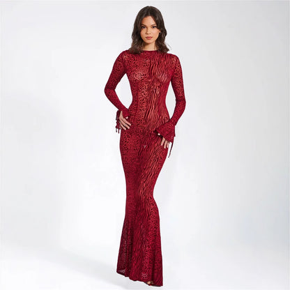 Fall Mesh Sexy See through Leopard Print Sheath Backless Dress Maxi Dress Women