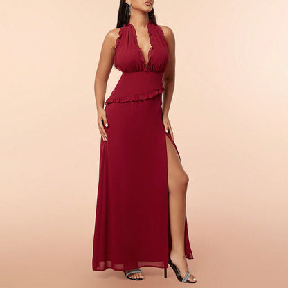 Summer Sexy Elegant Dress Halter Sleeveless Tassel Backless High Slit Dress