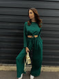 Women Clothing Solid Color Tied Short Long Sleeve Top Wide Leg Pants Two Piece Set